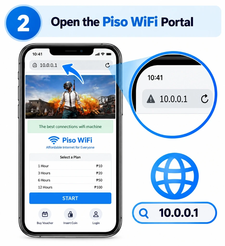 Entering 10.0.0.1 into the Chrome address bar for Piso WiFi