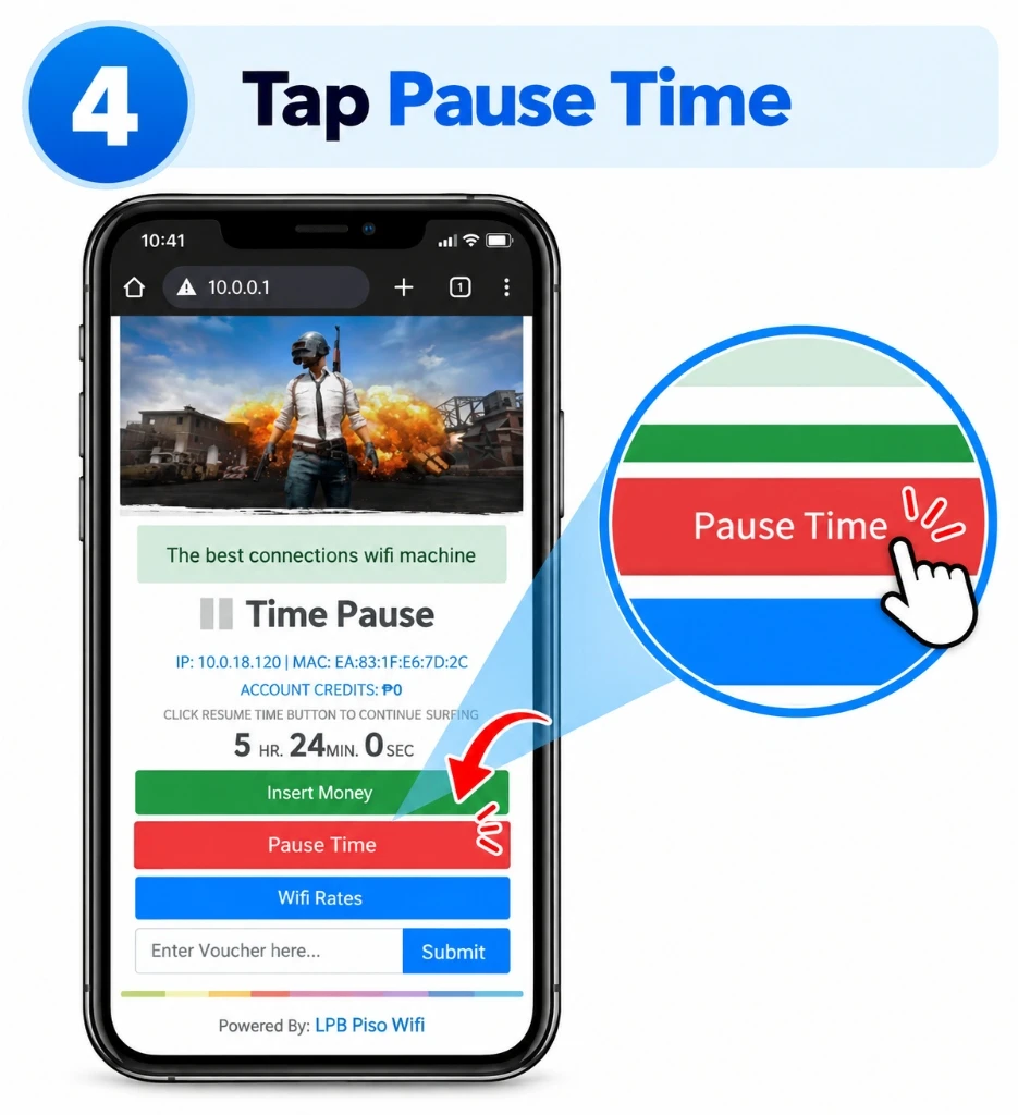 Chrome Piso WiFi portal showing the Pause Time button and remaining session time