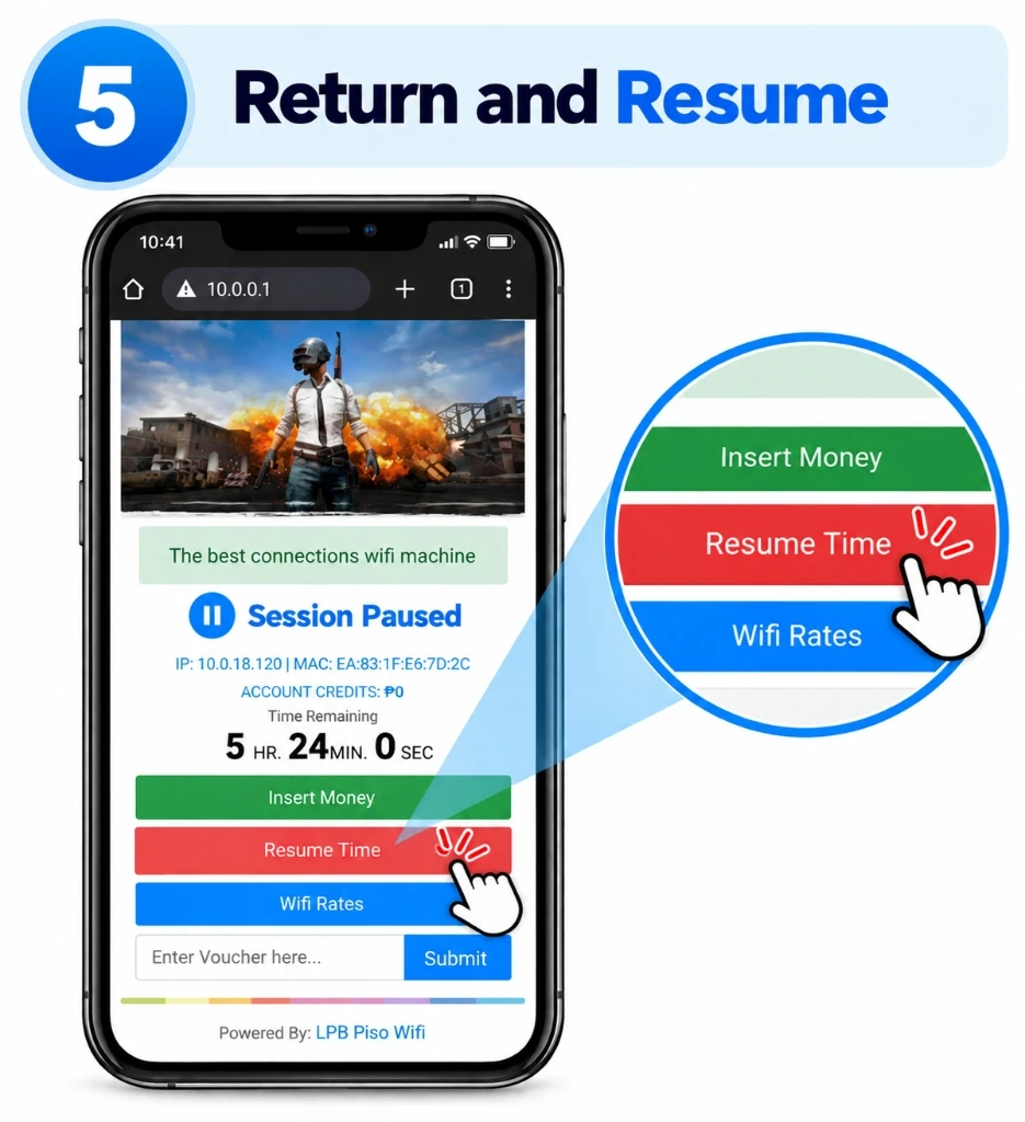 Chrome Piso WiFi portal showing a paused session and Resume Time control